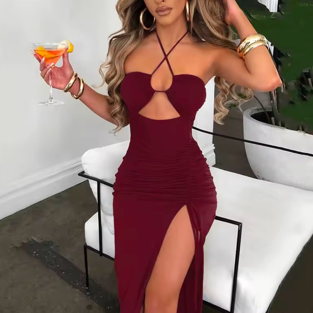 Elegant Burgundy Halter Dress